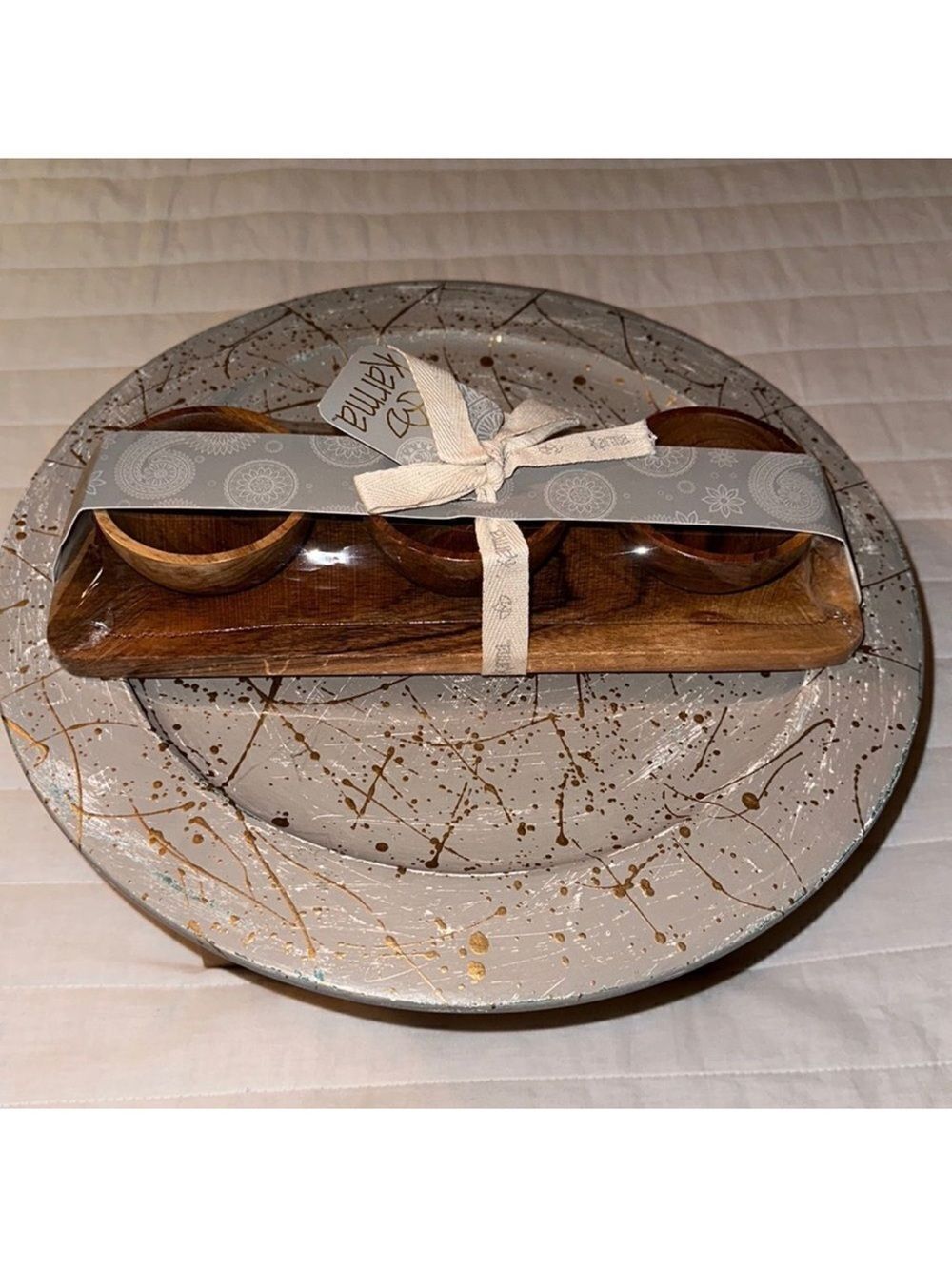 Karma Set of 3 piece Teak Wooden Condiment Dipping Bowls with a Serving Tray